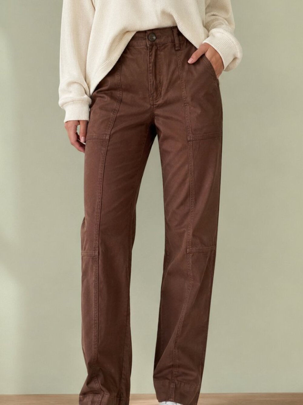 Kut from the Kloth Brown Satin Utility Pants High Rise Straight Leg Size 10